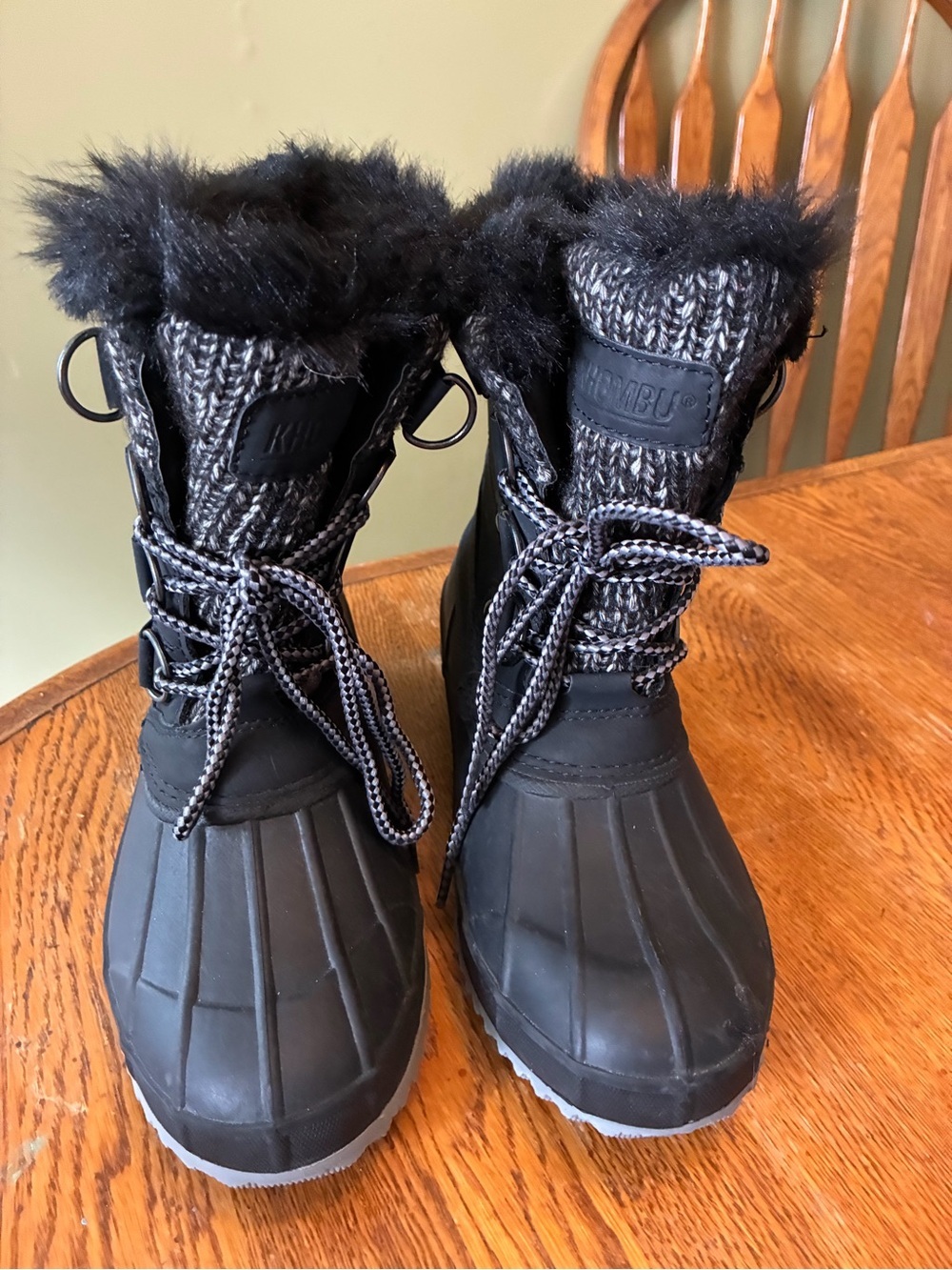 Khombu Black Lace-Up Faux-Fur Winter Rain Boots